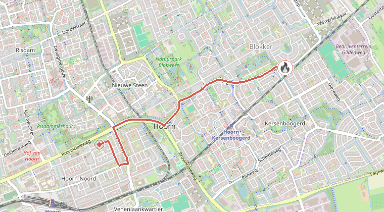Kaart van de omgeving van de melding, met de kazerne die is gealarmeerd