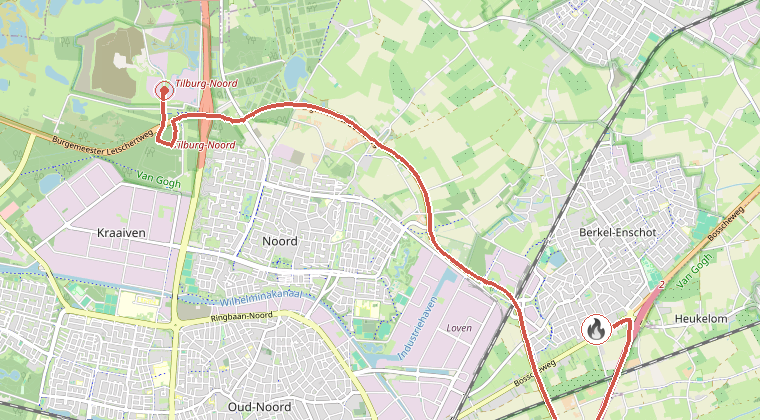 Kaart van de omgeving van de melding, met de kazerne die is gealarmeerd