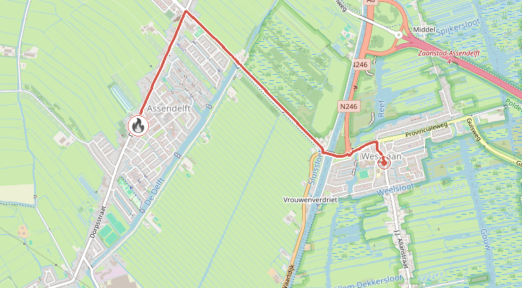 Kaart van de omgeving van de melding, met de kazerne die is gealarmeerd