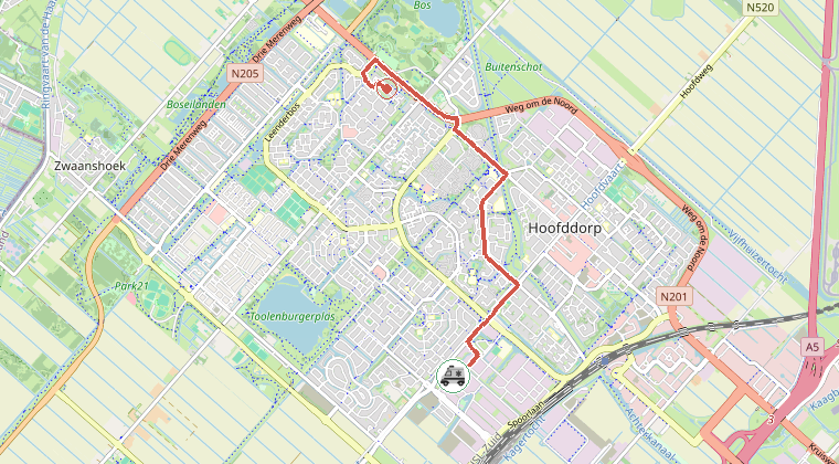 Kaart van de omgeving van de melding, met de kazerne die is gealarmeerd