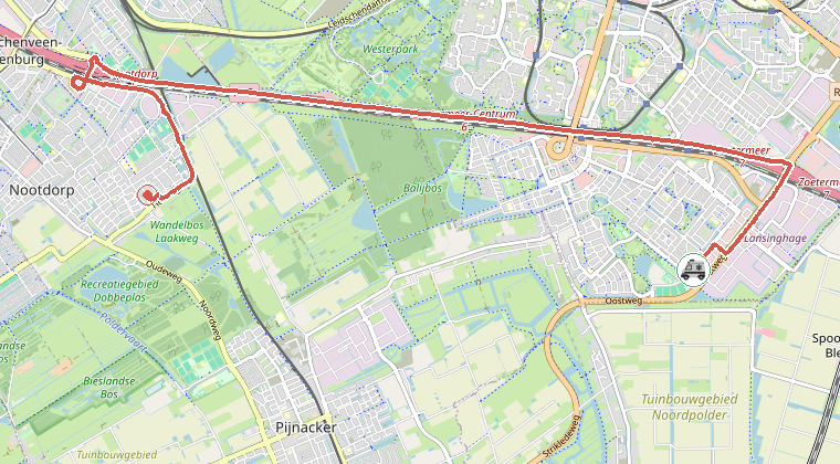 Kaart van de omgeving van de melding, met de kazerne die is gealarmeerd