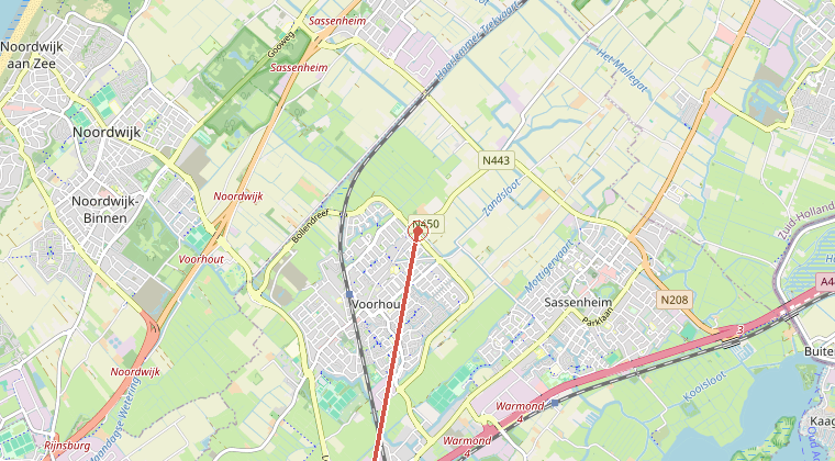 Kaart van de omgeving van de melding, met de kazerne die is gealarmeerd
