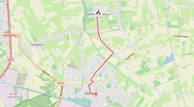 Kaart van de omgeving van de melding, met de kazerne die is gealarmeerd