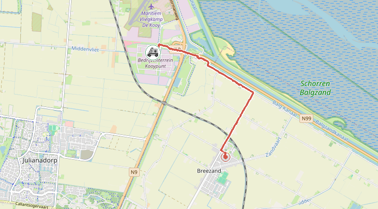 Kaart van de omgeving van de melding, met de kazerne die is gealarmeerd