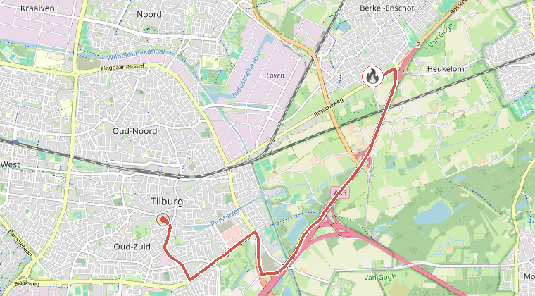 Kaart van de omgeving van de melding, met de kazerne die is gealarmeerd