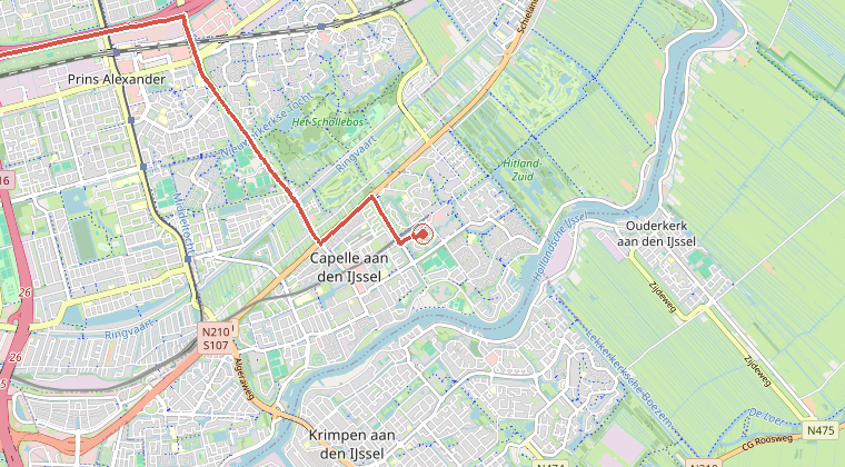 Kaart van de omgeving van de melding, met de kazerne die is gealarmeerd