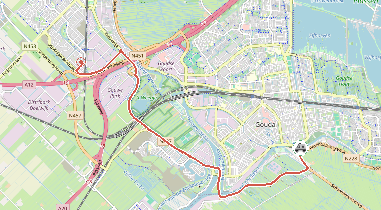 Kaart van de omgeving van de melding, met de kazerne die is gealarmeerd
