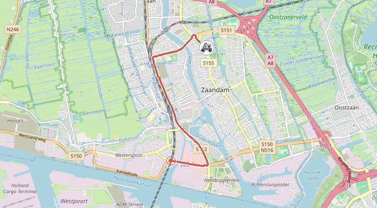 Kaart van de omgeving van de melding, met de kazerne die is gealarmeerd
