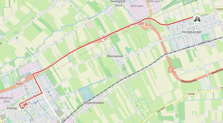 Kaart van de omgeving van de melding, met de kazerne die is gealarmeerd
