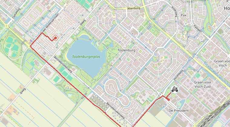 Kaart van de omgeving van de melding, met de kazerne die is gealarmeerd