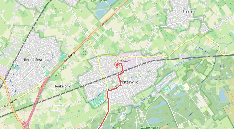 Kaart van de omgeving van de melding, met de kazerne die is gealarmeerd