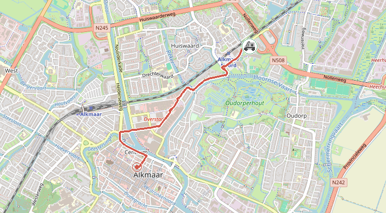 Kaart van de omgeving van de melding, met de kazerne die is gealarmeerd