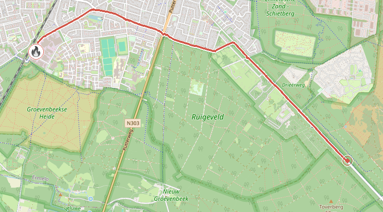 Kaart van de omgeving van de melding, met de kazerne die is gealarmeerd