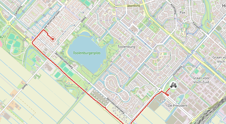 Kaart van de omgeving van de melding, met de kazerne die is gealarmeerd
