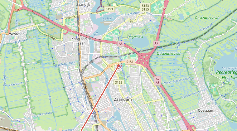 Kaart van de omgeving van de melding, met de kazerne die is gealarmeerd