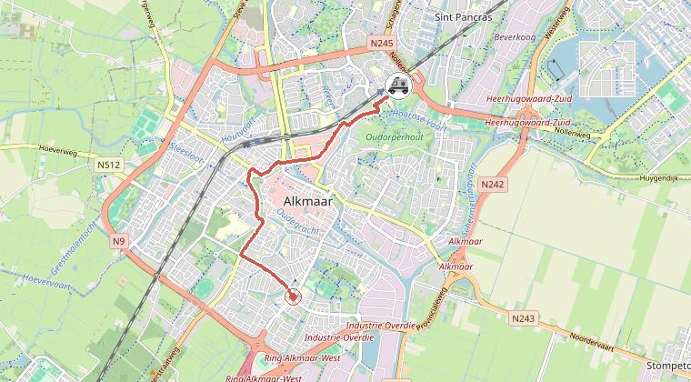 Kaart van de omgeving van de melding, met de kazerne die is gealarmeerd