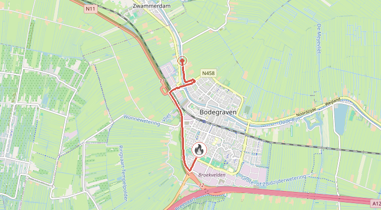 Kaart van de omgeving van de melding, met de kazerne die is gealarmeerd