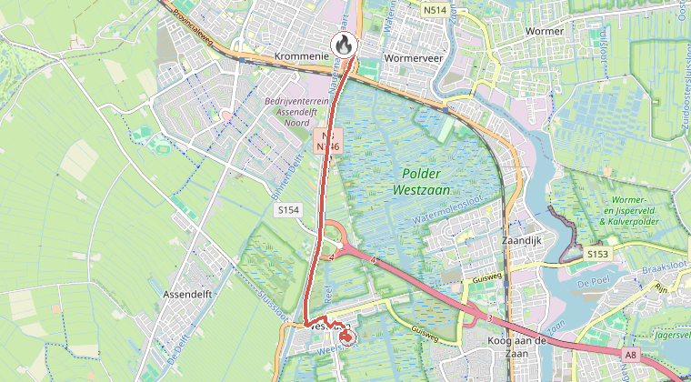 Kaart van de omgeving van de melding, met de kazerne die is gealarmeerd