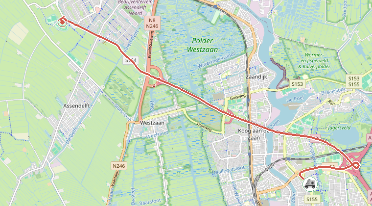 Kaart van de omgeving van de melding, met de kazerne die is gealarmeerd