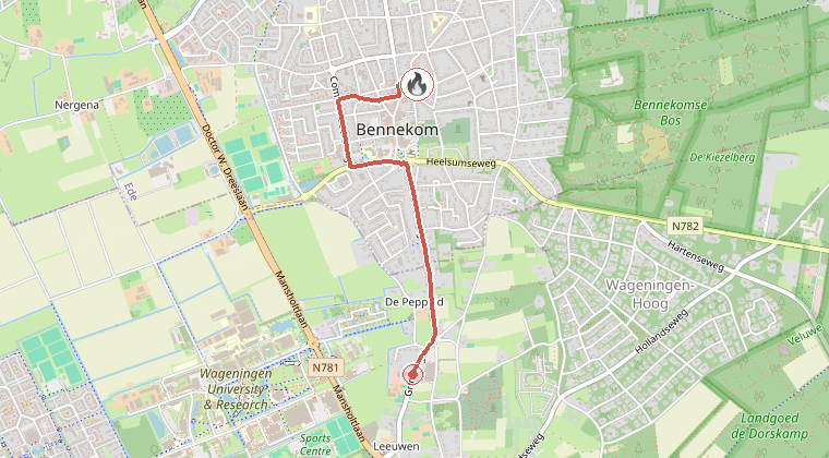 Kaart van de omgeving van de melding, met de kazerne die is gealarmeerd