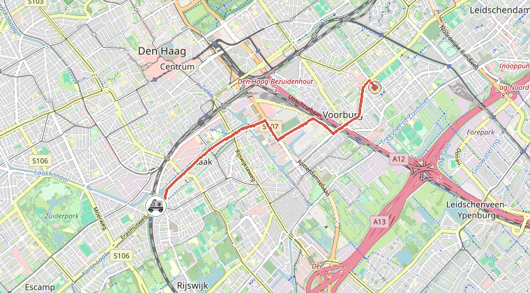 Kaart van de omgeving van de melding, met de kazerne die is gealarmeerd