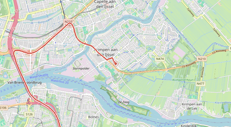 Kaart van de omgeving van de melding, met de kazerne die is gealarmeerd