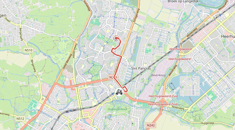 Kaart van de omgeving van de melding, met de kazerne die is gealarmeerd