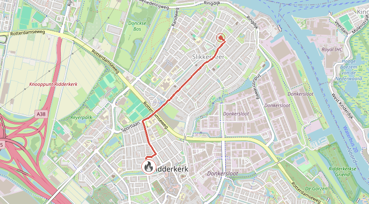 Kaart van de omgeving van de melding, met de kazerne die is gealarmeerd