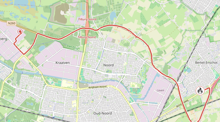 Kaart van de omgeving van de melding, met de kazerne die is gealarmeerd