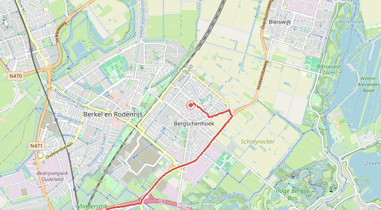 Kaart van de omgeving van de melding, met de kazerne die is gealarmeerd