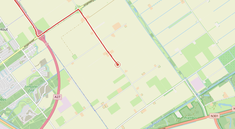 Kaart van de omgeving van de melding, met de kazerne die is gealarmeerd