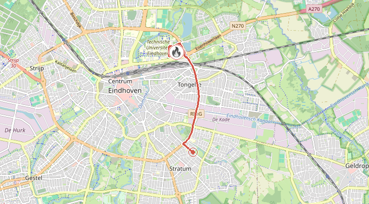 Kaart van de omgeving van de melding, met de kazerne die is gealarmeerd