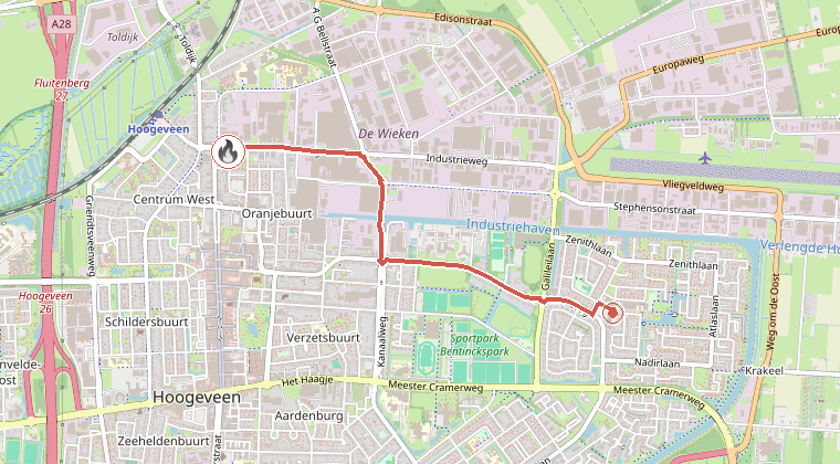 Kaart van de omgeving van de melding, met de kazerne die is gealarmeerd