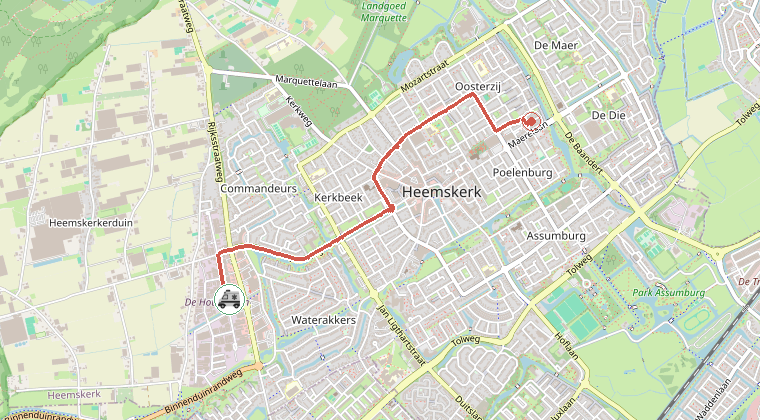Kaart van de omgeving van de melding, met de kazerne die is gealarmeerd
