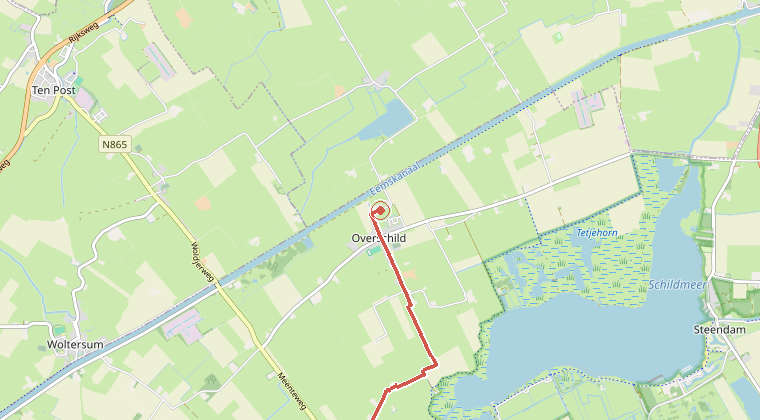 Kaart van de omgeving van de melding, met de kazerne die is gealarmeerd
