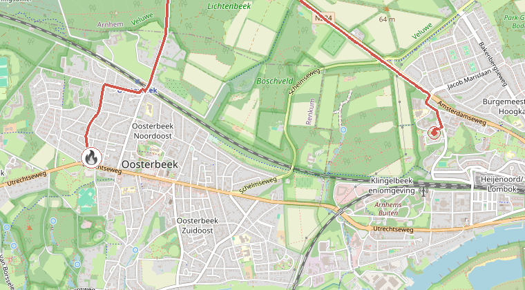 Kaart van de omgeving van de melding, met de kazerne die is gealarmeerd