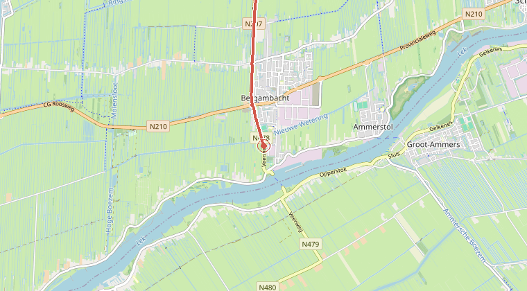 Kaart van de omgeving van de melding, met de kazerne die is gealarmeerd