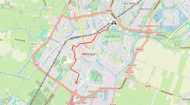 Kaart van de omgeving van de melding, met de kazerne die is gealarmeerd