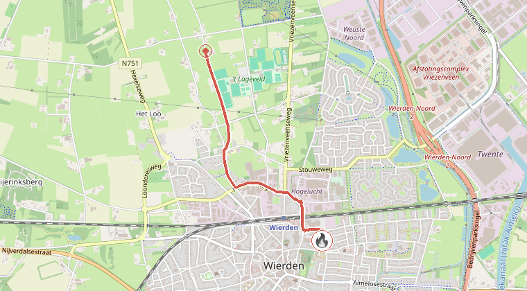 Kaart van de omgeving van de melding, met de kazerne die is gealarmeerd