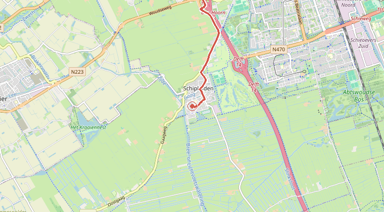 Kaart van de omgeving van de melding, met de kazerne die is gealarmeerd