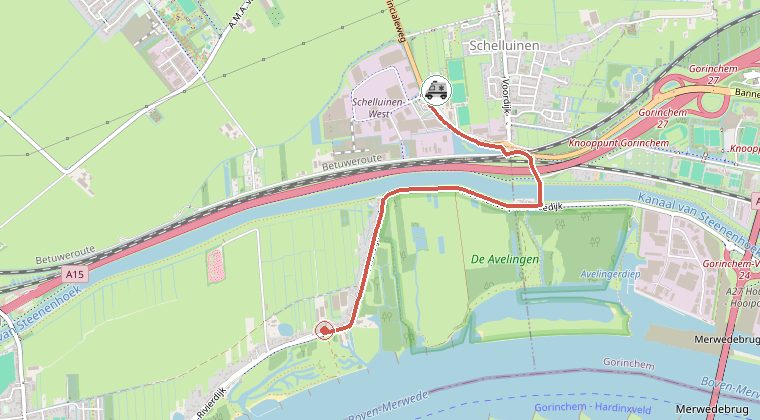 Kaart van de omgeving van de melding, met de kazerne die is gealarmeerd