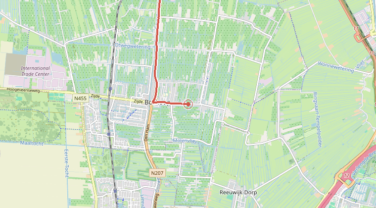 Kaart van de omgeving van de melding, met de kazerne die is gealarmeerd