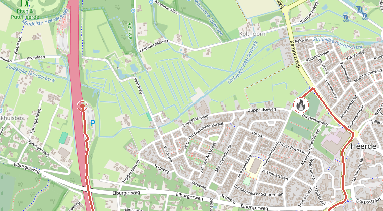 Kaart van de omgeving van de melding, met de kazerne die is gealarmeerd