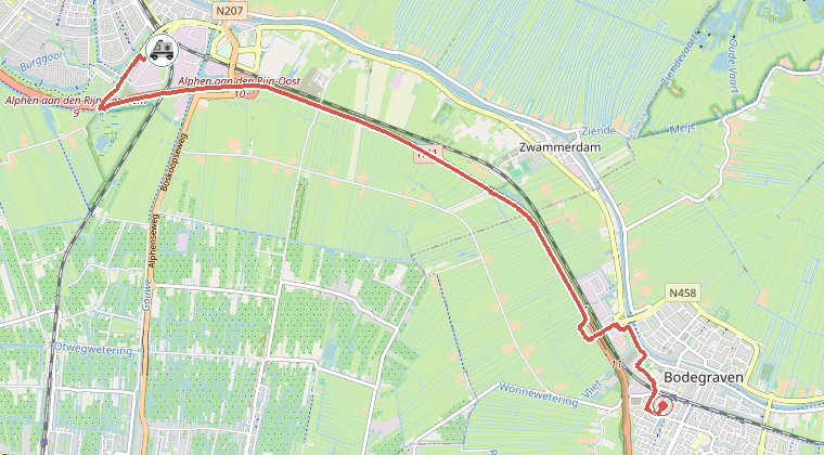 Kaart van de omgeving van de melding, met de kazerne die is gealarmeerd