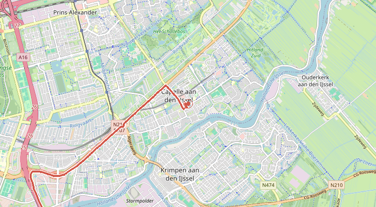 Kaart van de omgeving van de melding, met de kazerne die is gealarmeerd