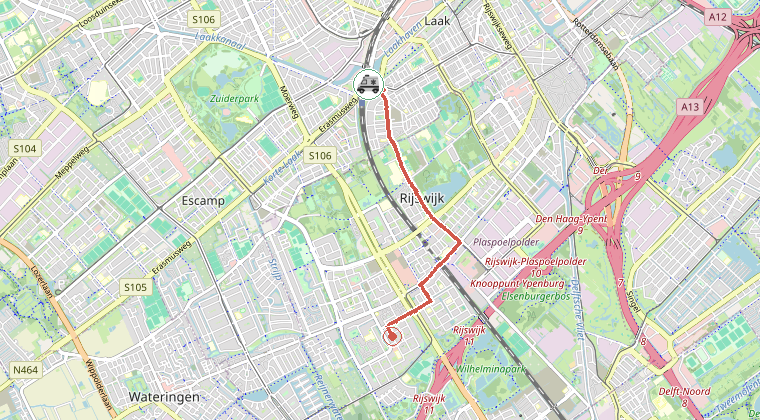 Kaart van de omgeving van de melding, met de kazerne die is gealarmeerd