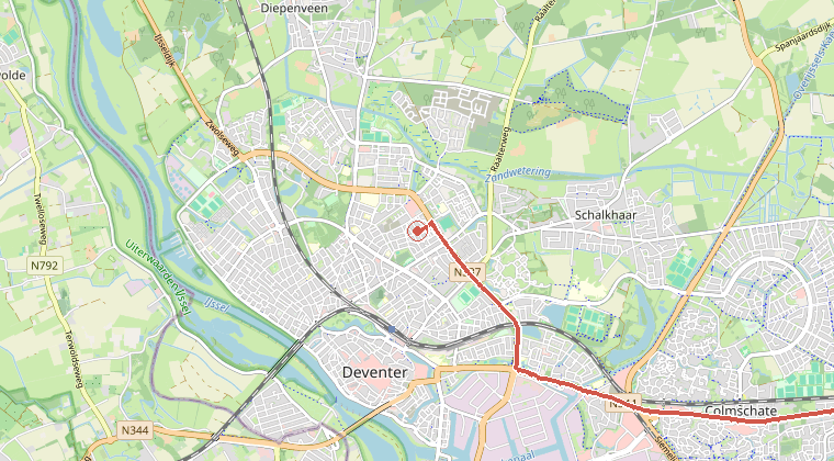 Kaart van de omgeving van de melding, met de kazerne die is gealarmeerd