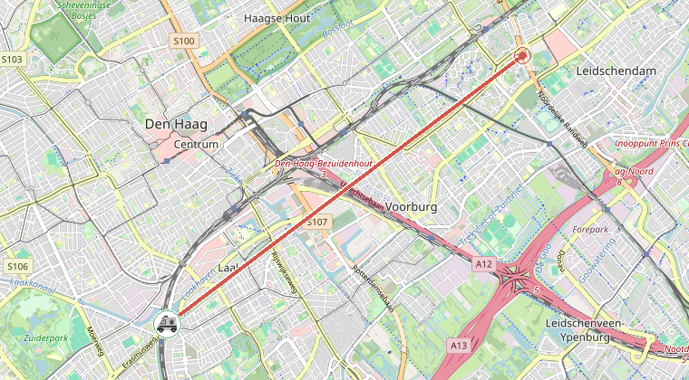 Kaart van de omgeving van de melding, met de kazerne die is gealarmeerd