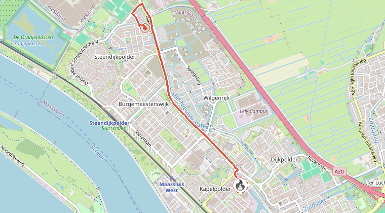 Kaart van de omgeving van de melding, met de kazerne die is gealarmeerd