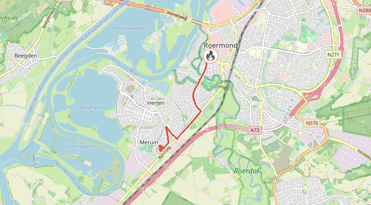 Kaart van de omgeving van de melding, met de kazerne die is gealarmeerd